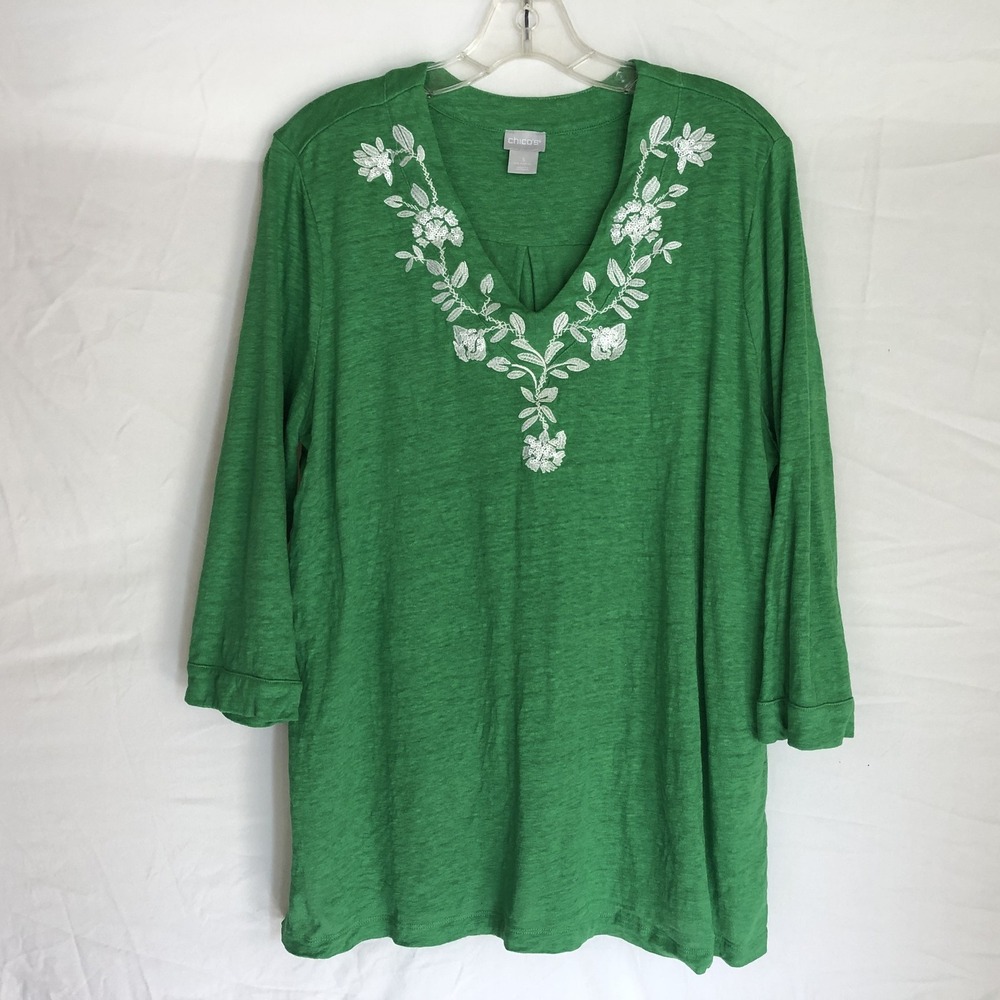 Chico's Shirt Womens XL Green Linen Embroidered Floral V Neck 3/4 Sleeve Tunic